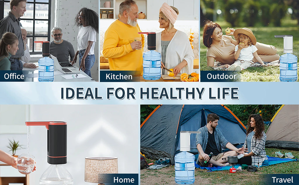 Collage of people using lumisense water bottles in various settings with text 'Ideal for Healthy Life'.