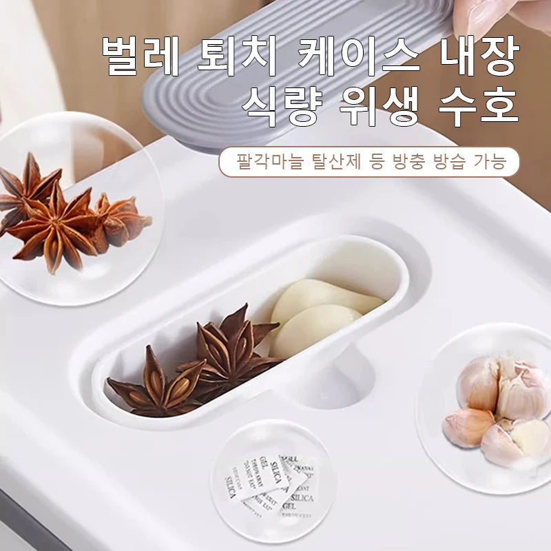 Lumisense rice container showing stackable design for pantry organization
