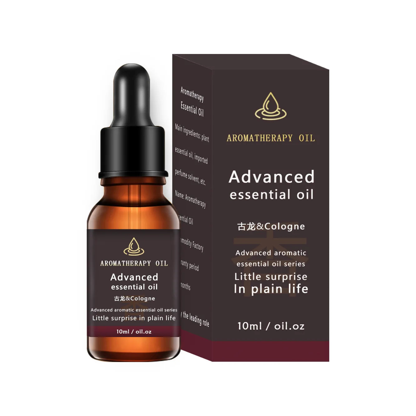 Aromatherapy essential oil bottle and packaging on a white background