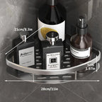 Black corner bathroom organizer shelf holding toiletries and shower products