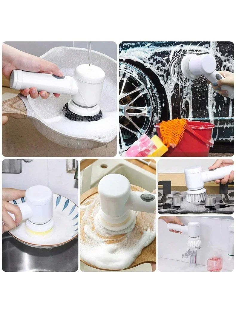 Collage of a white cleaning tool being used on various surfaces.
