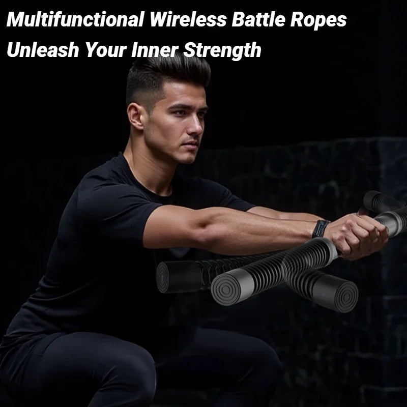 Person performing upper body workout with cordless battle rope in home gym setting
