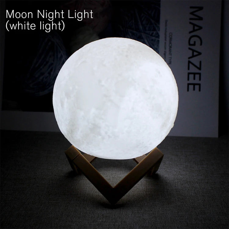 LED moon night light in red color mode on decorative stand
