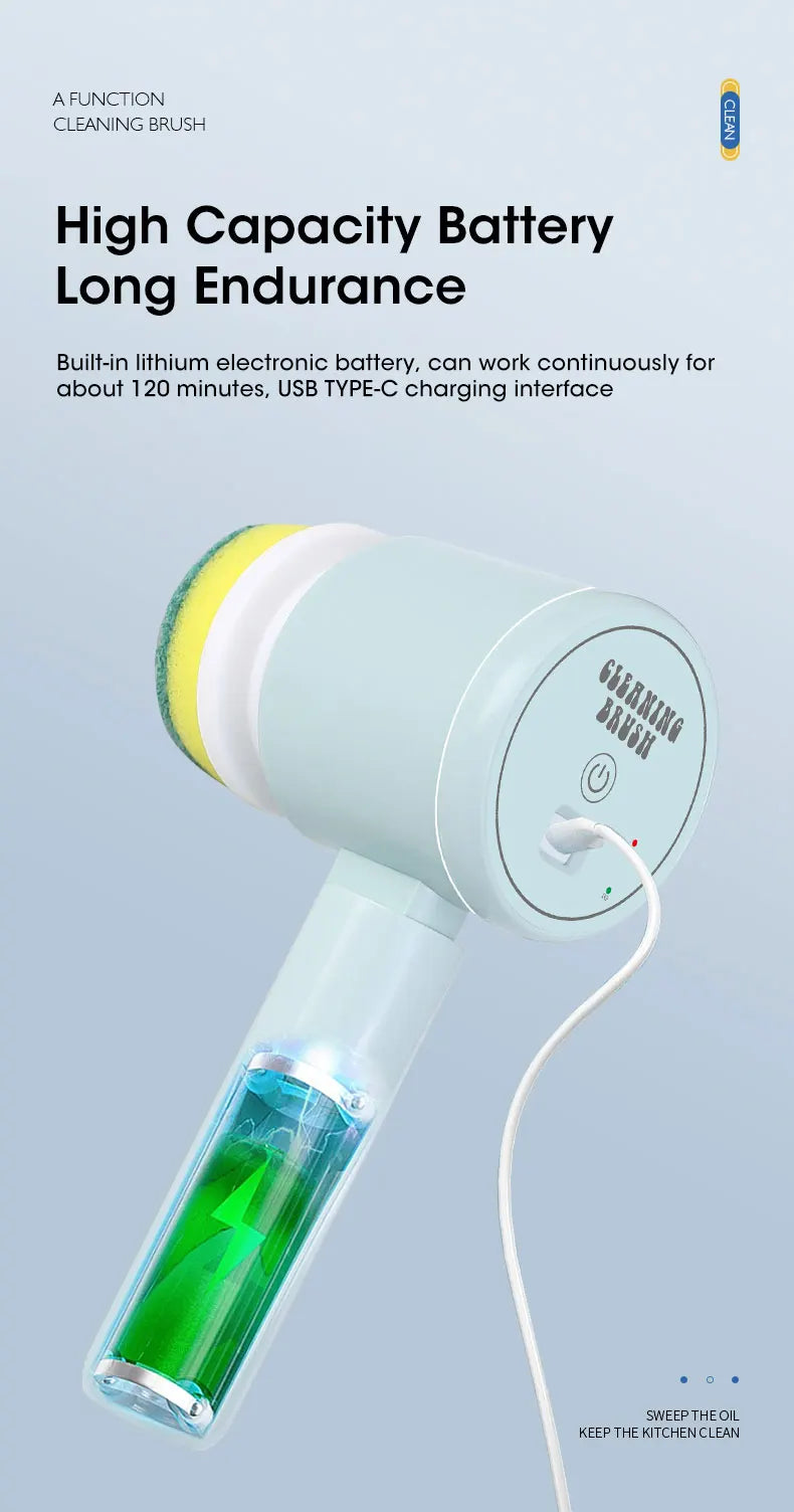 Cleaning brush with high capacity battery and USB TYPE-C charging interface on a light gray background
