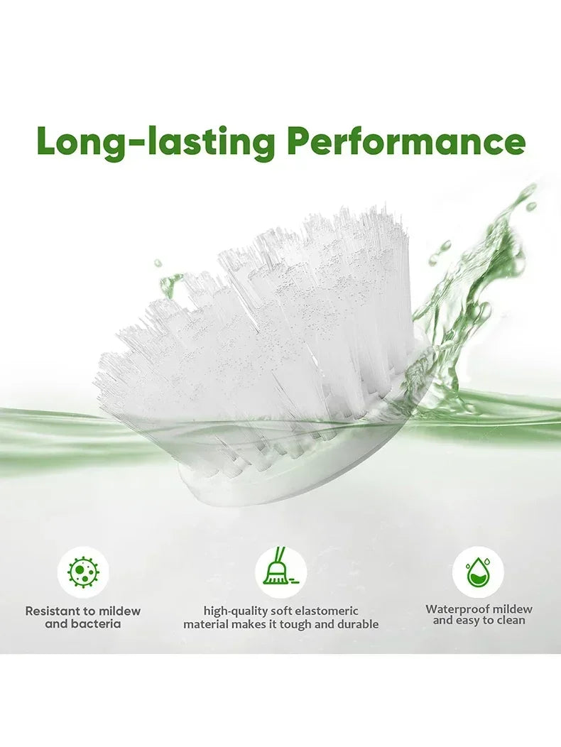 Cleaning brush with water splash and text highlighting long-lasting performance, resistance to mildew, durability, and waterproof properties.