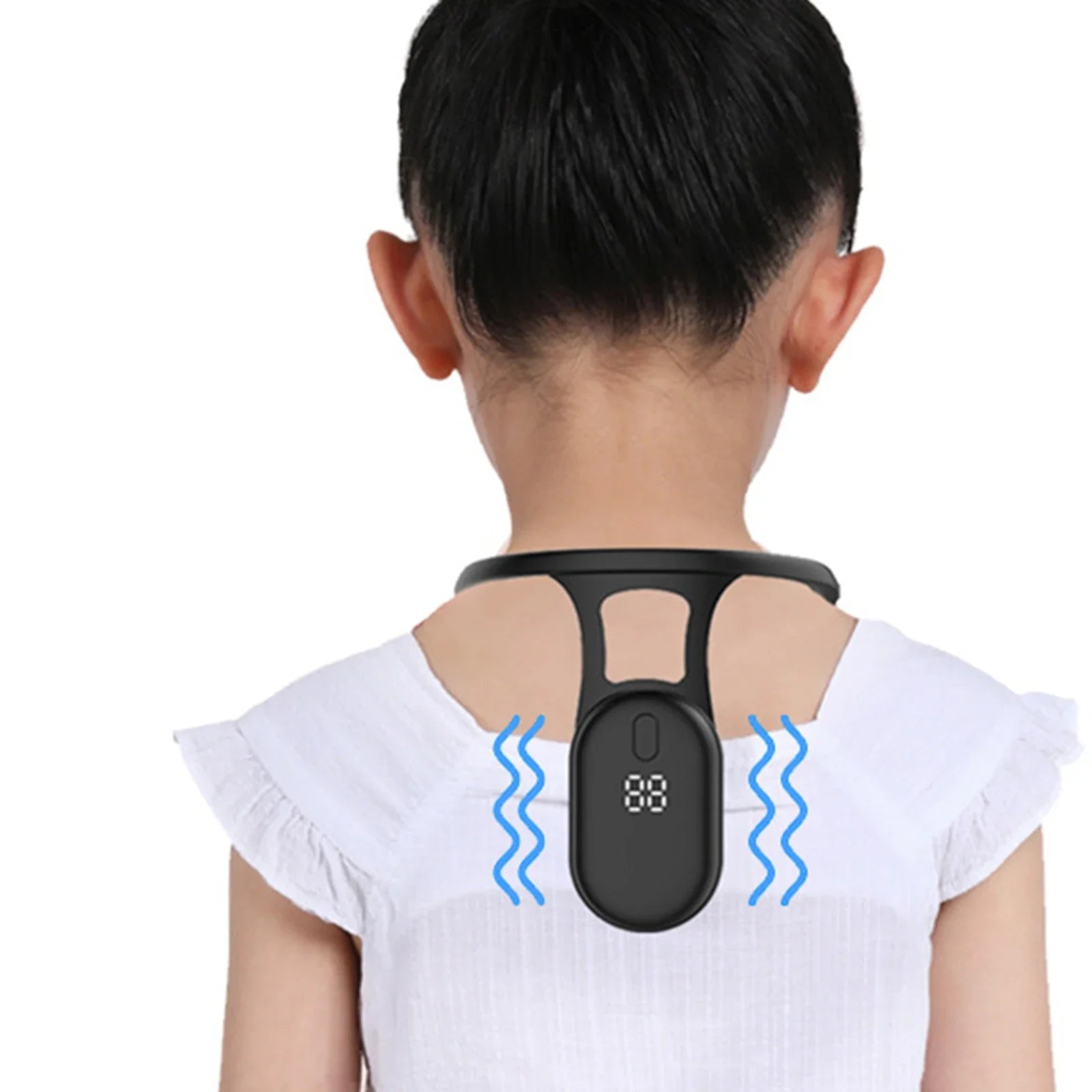 Smart posture corrector product features infographic highlighting vibration reminder technology

