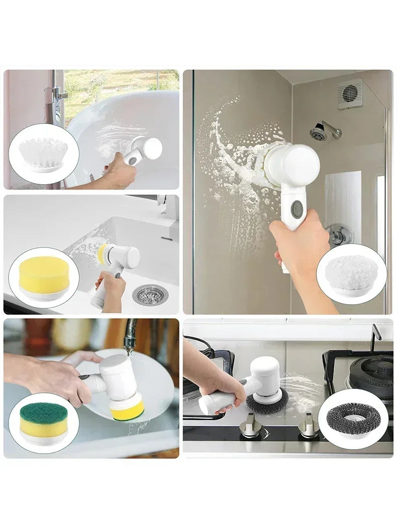 Collage of a cleaning tool being used on various surfaces including a shower, sink, and stove.