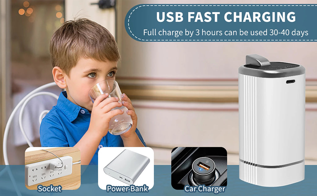 Child drinking from a glass with USB charging products displayed below, including a power bank, car charger, and socket.