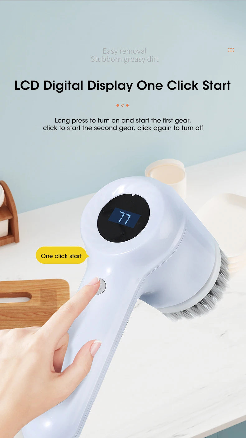 Handheld cleaning brush with digital display on a light blue background