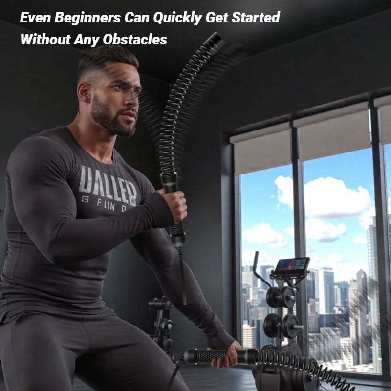 Athlete using cordless battle rope for full-body strength training exercise
