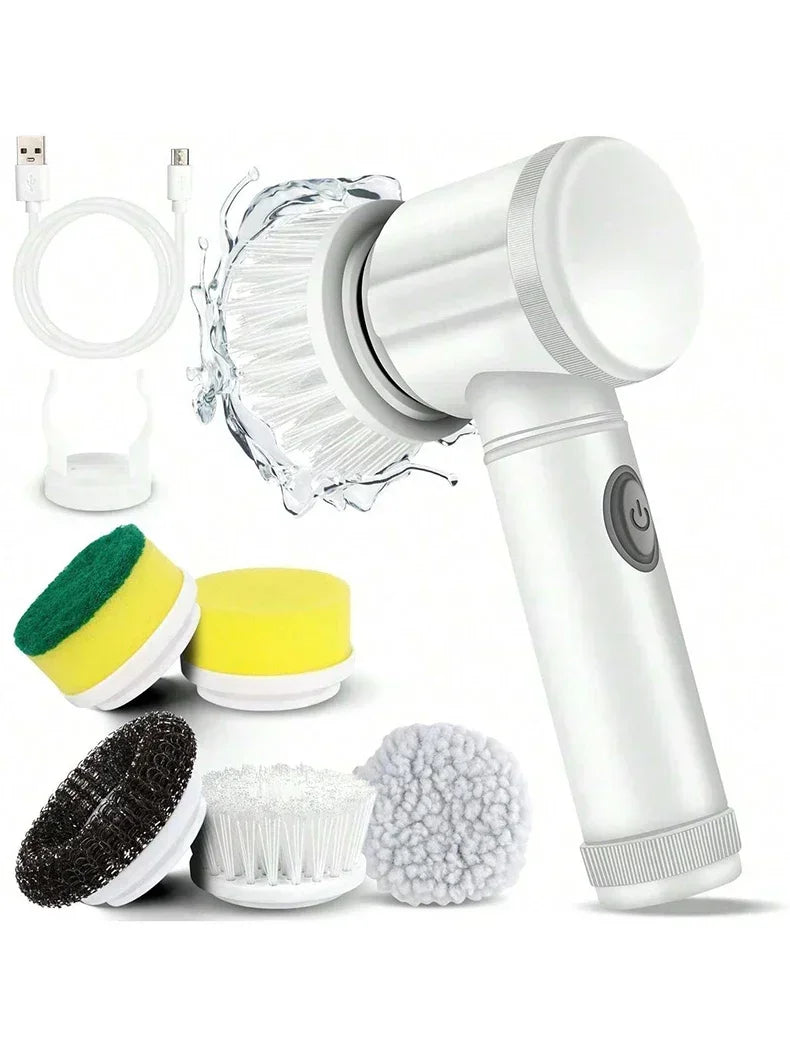 Cordless spin scrubber with rechargeable battery and LED indicato