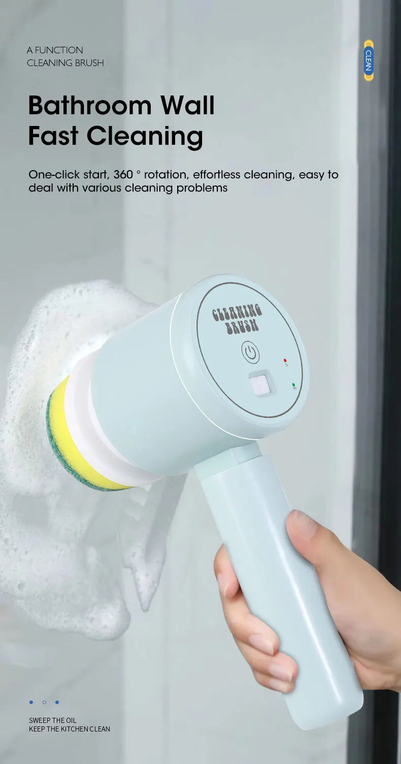 Handheld cleaning brush with scrubber head being used on a bathroom wall, with text about fast cleaning.