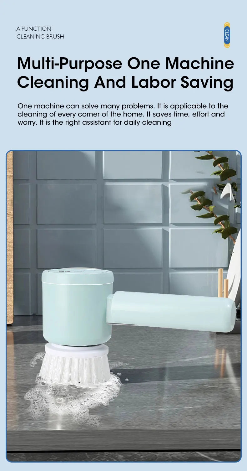 Multifunctional cleaning brush with text about its uses on a tiled floor.