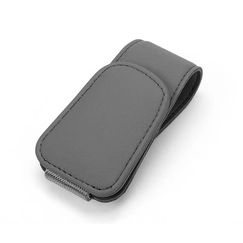 Black leather eyeglass clip with magnetic closure mechanism