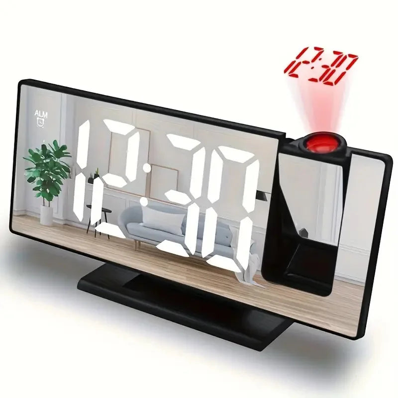 Lumisense projection alarm clock with LED display showing time on bedroom ceiling