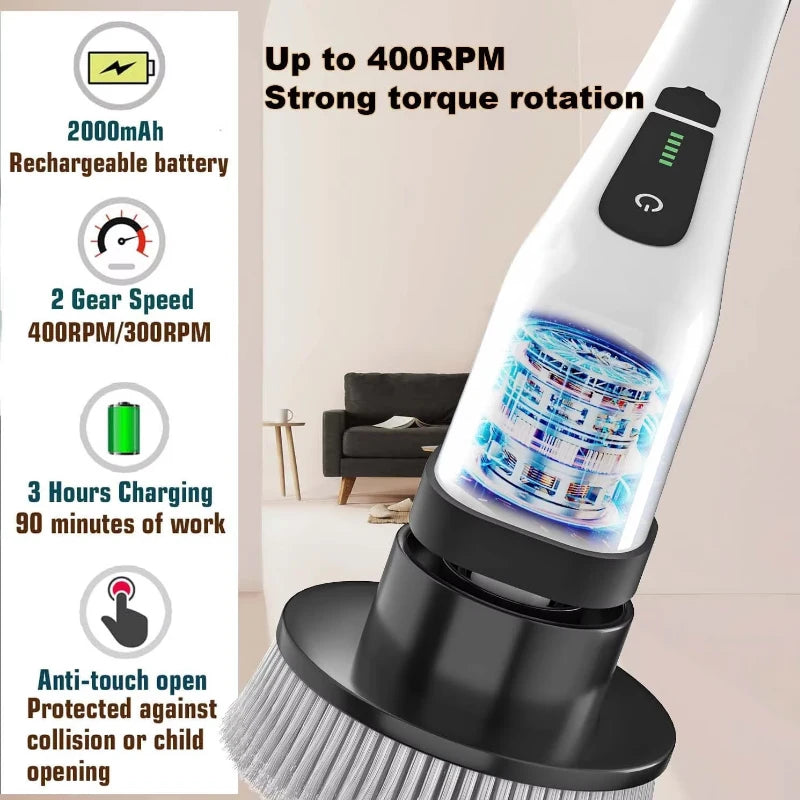 Electric spin scrubber showing powerful motor and rotating brush action
