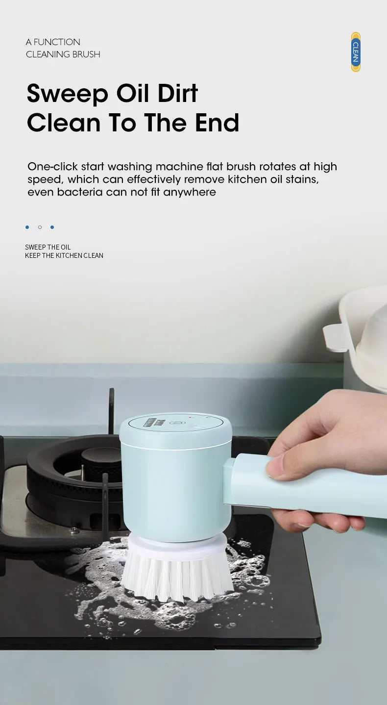 Cleaning brush being used on a stove with text about its functionality.