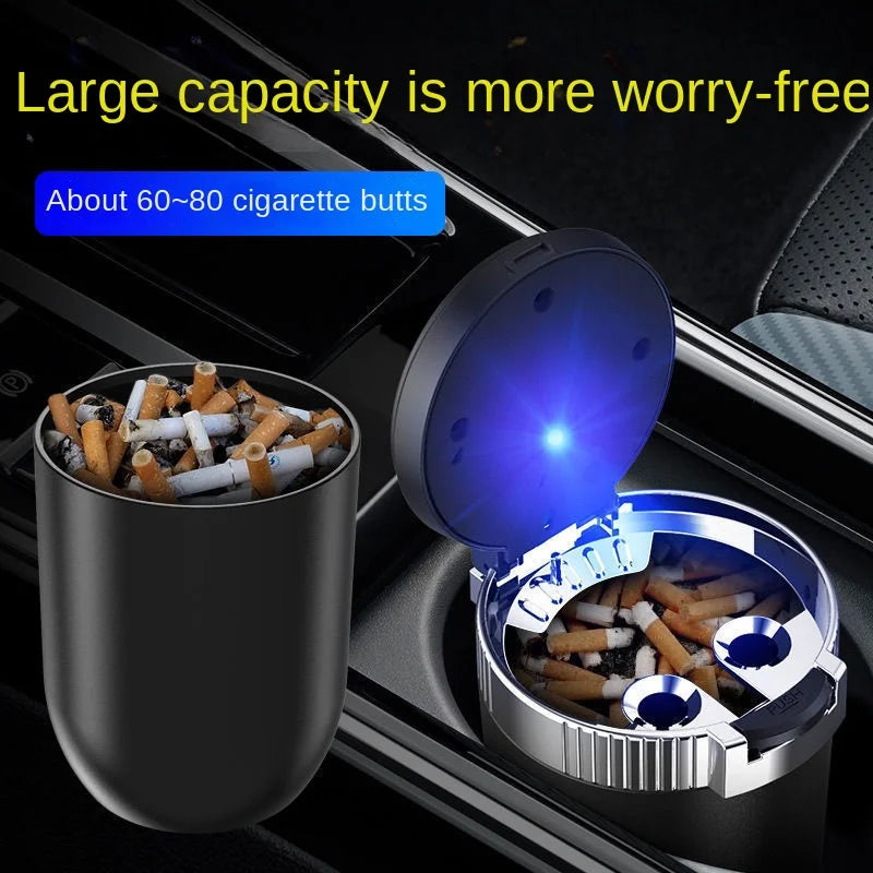 Car ashtray with odor-sealing lid and LED illumination
