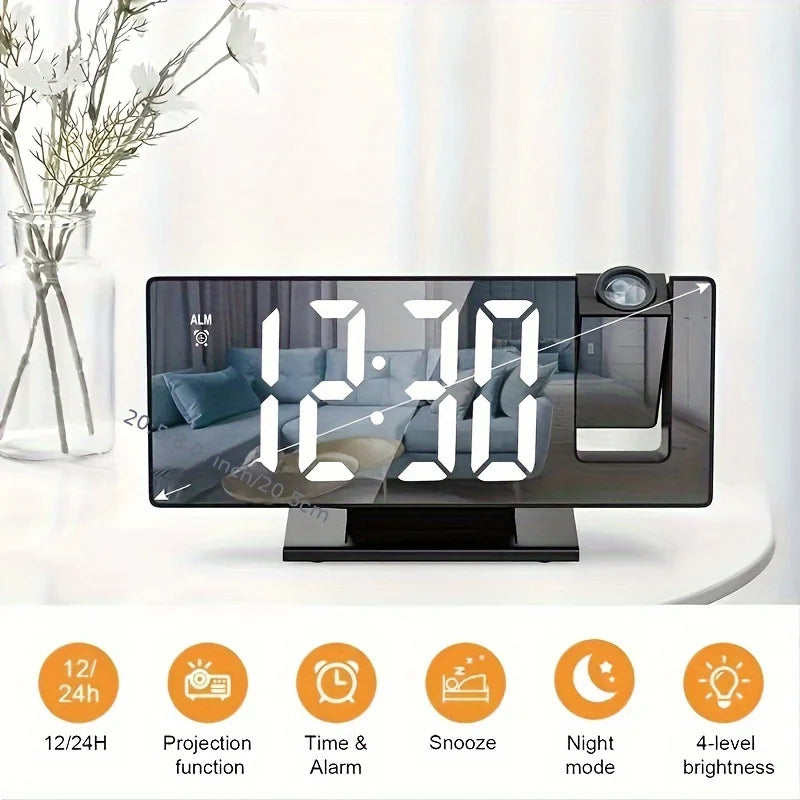 Digital alarm clock control buttons and settings interface
