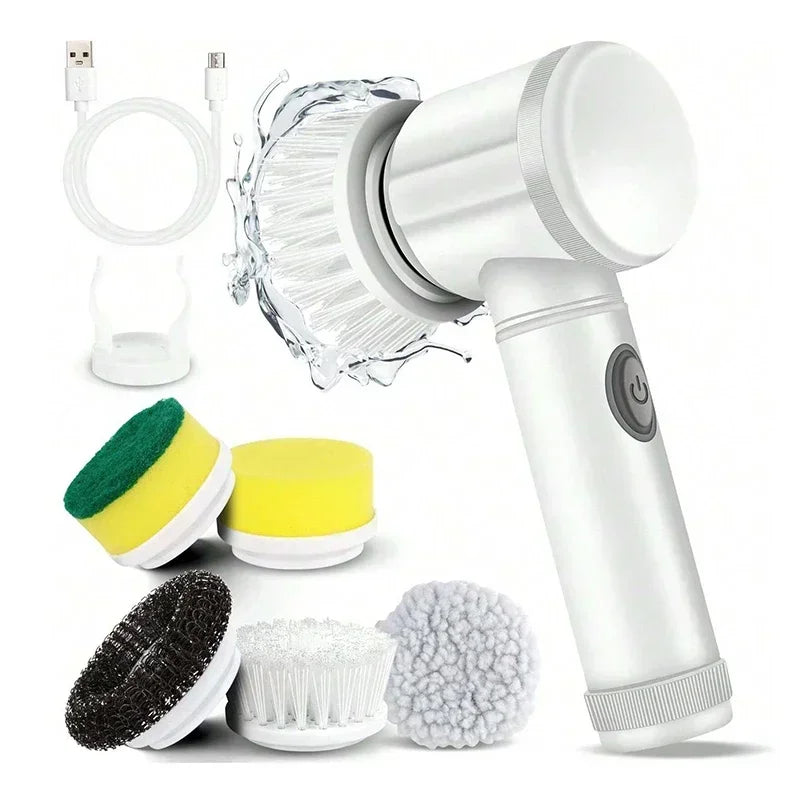 White cleaning device with various attachments on a white background