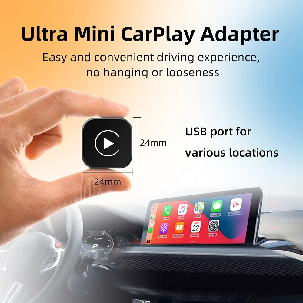 Wireless CarPlay adapter plugged into car USB port