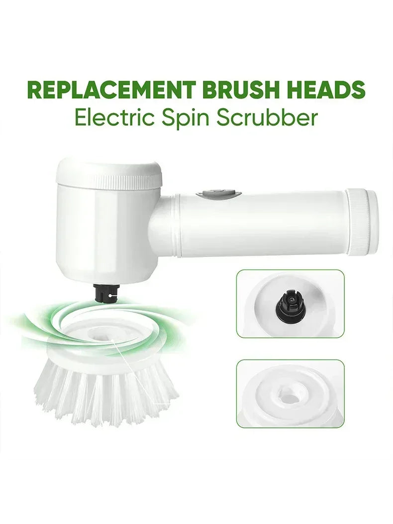 Electric spin scrubber with replacement brush heads on a white background