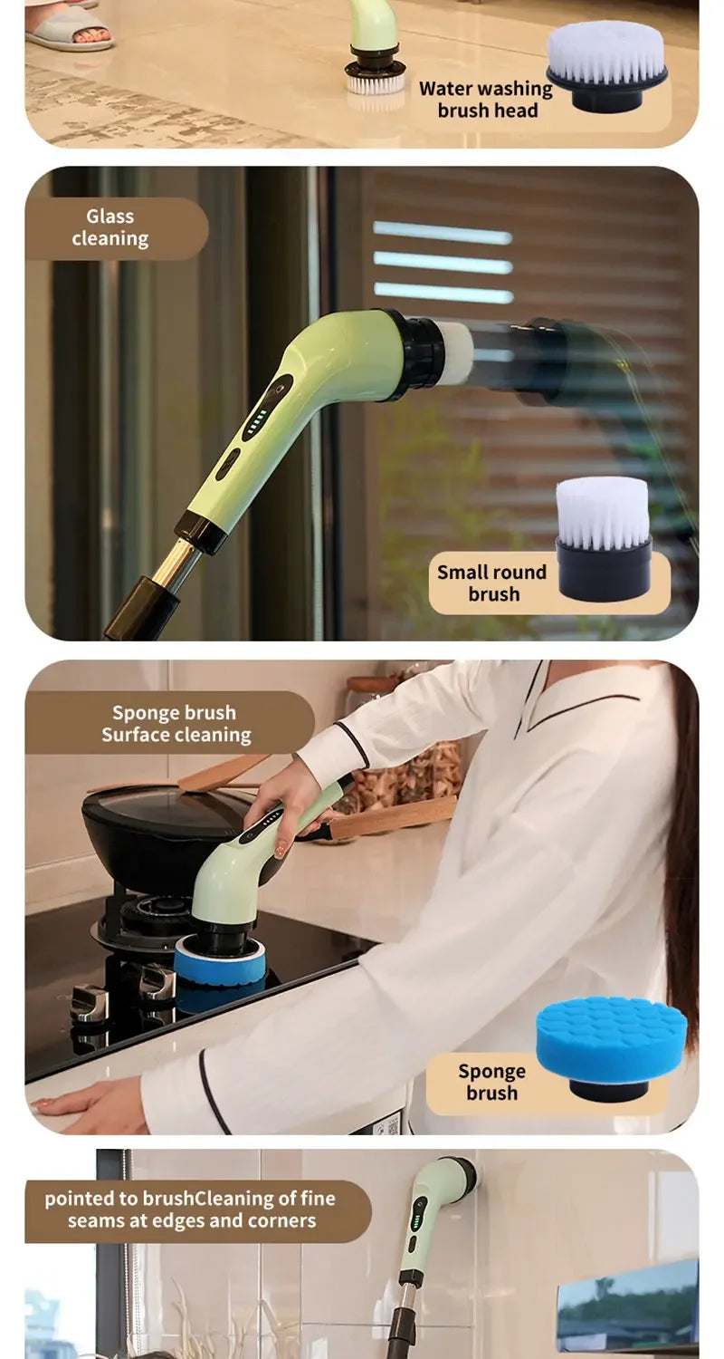 Electric scrubber with extendable handle reaching high and low areas
