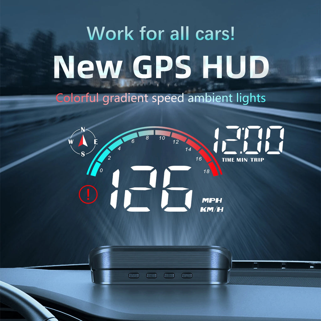 GPS head-up display projecting speed data on car windshield