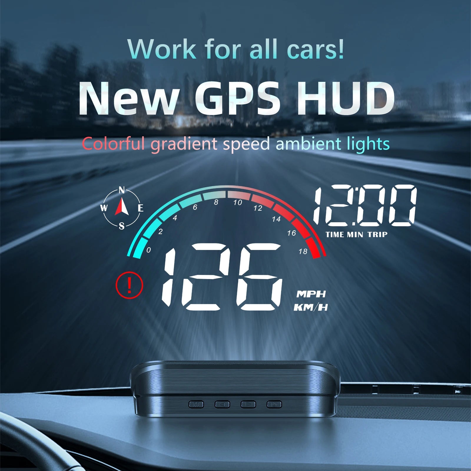 GPS head-up display projecting speed data on car windshield