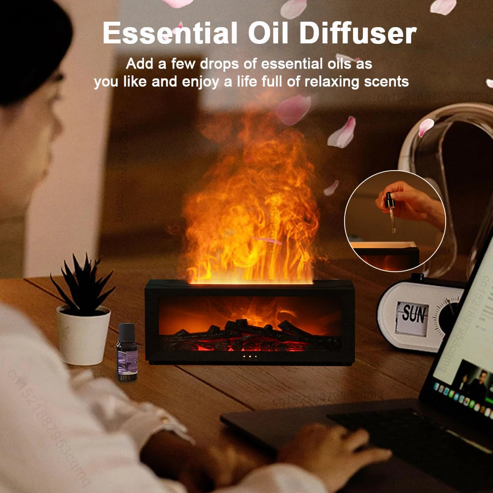 Flame aroma diffuser mist output with essential oils

