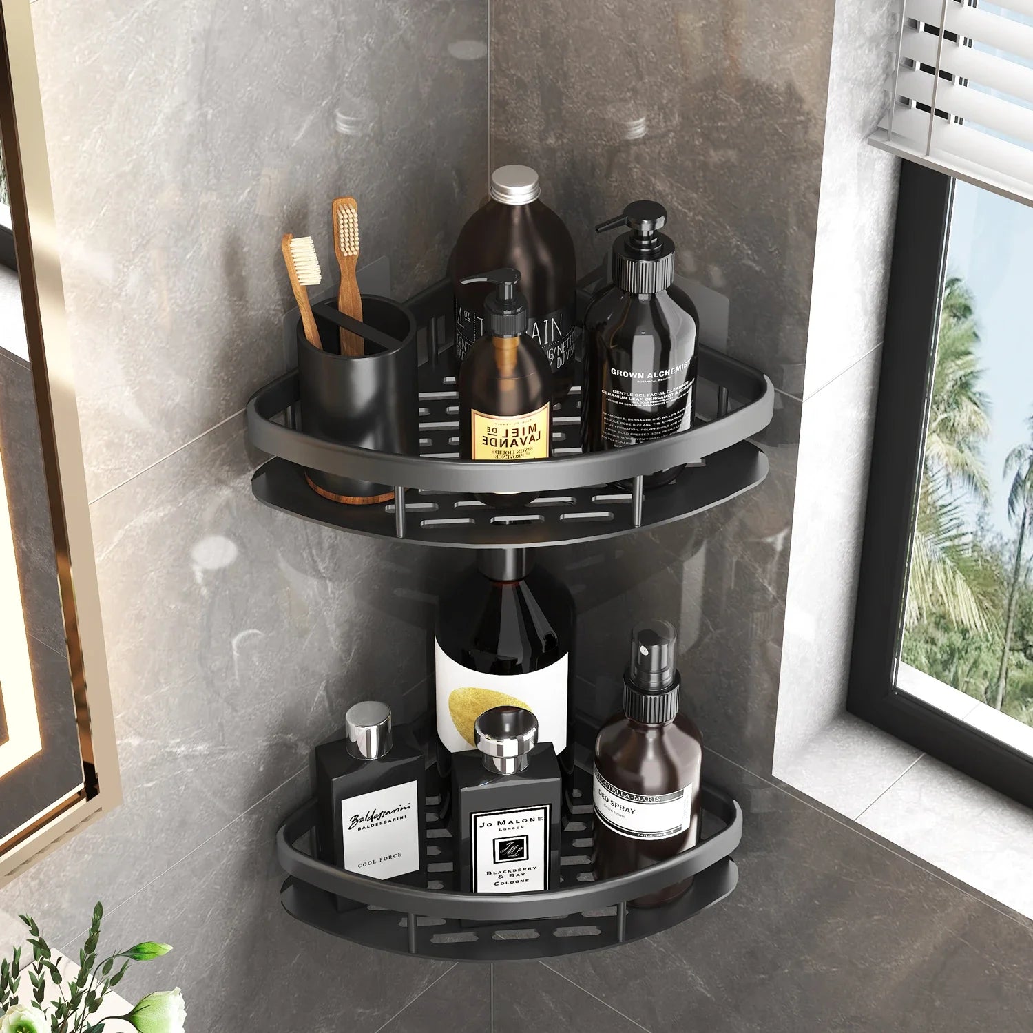 Silver wall-mounted corner bathroom shelf installed in shower with shampoo bottles