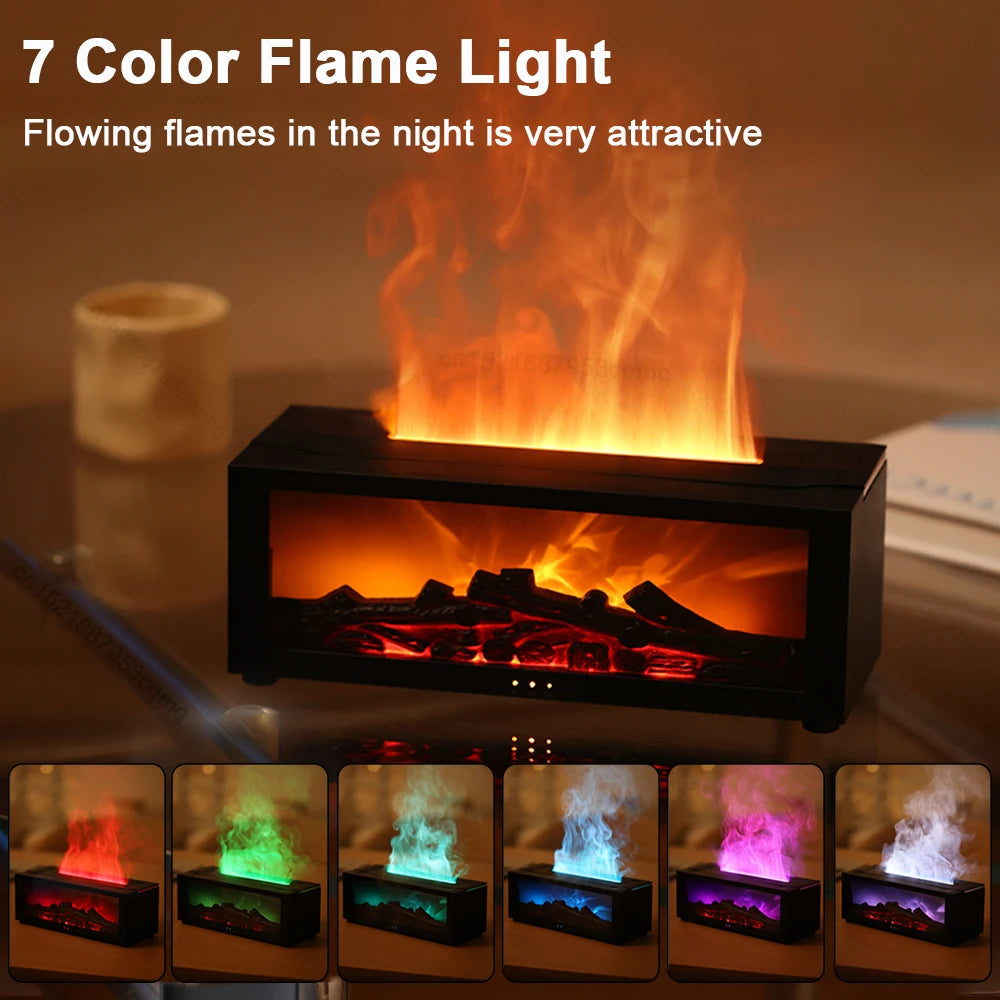Flame effect diffuser creating warm ambient lighting in bedroom
