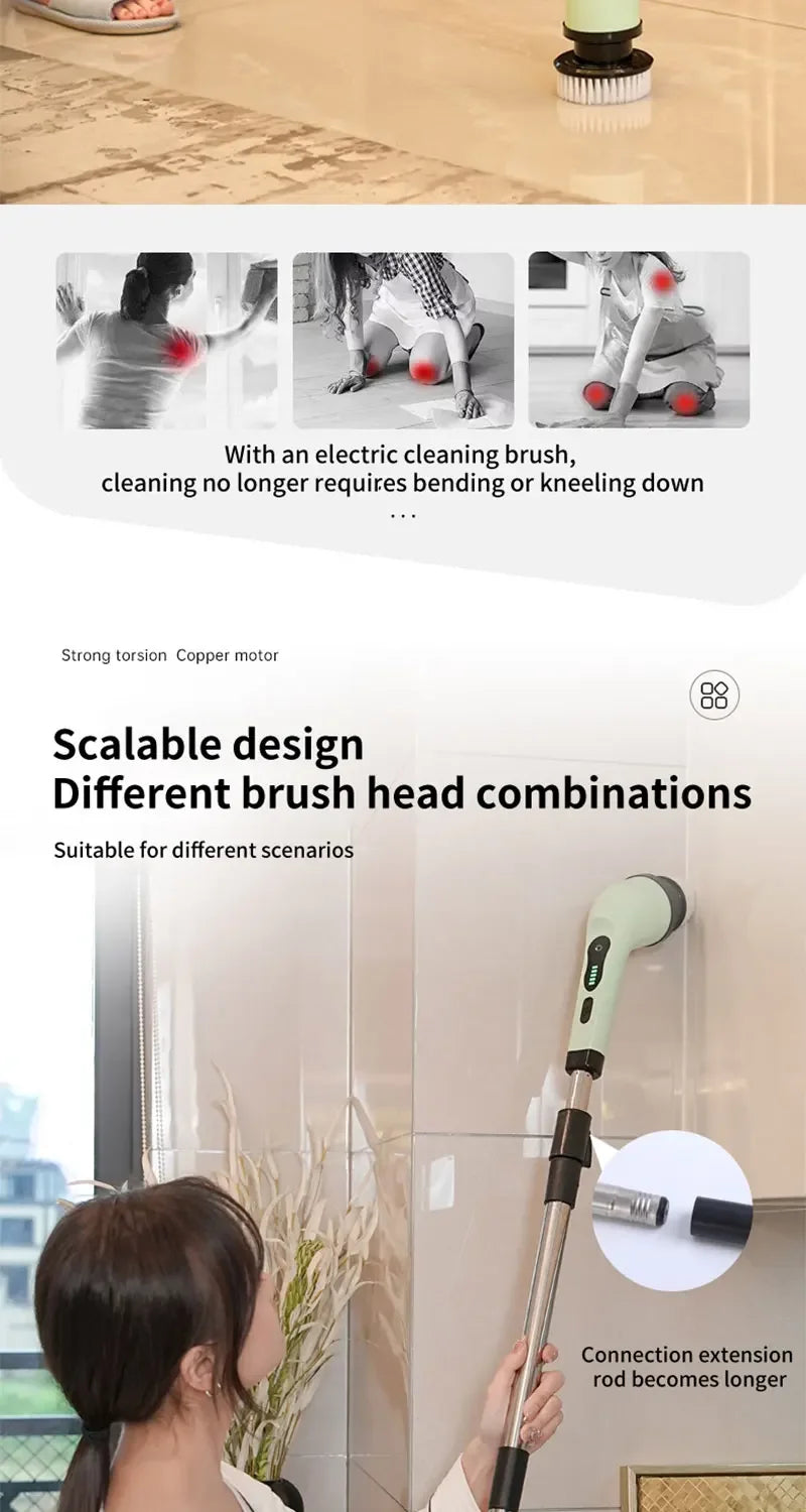 Electric cleaning brush demonstrating use on bathroom tiles and grout
