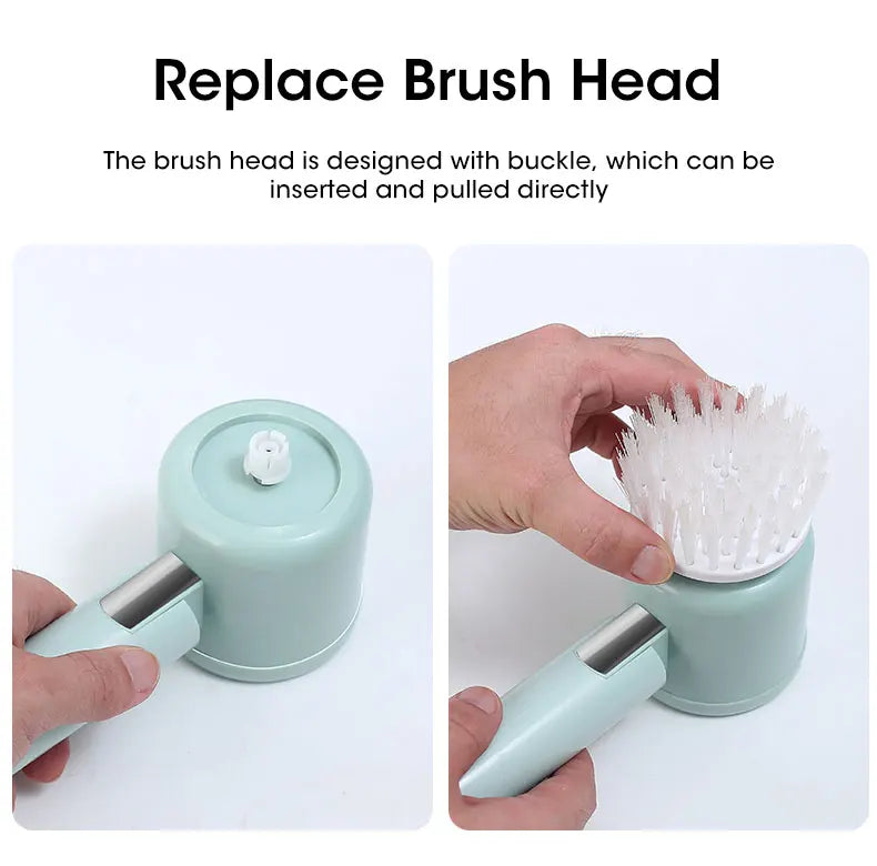 Cleaning brush with replaceable head and hand demonstrating insertion