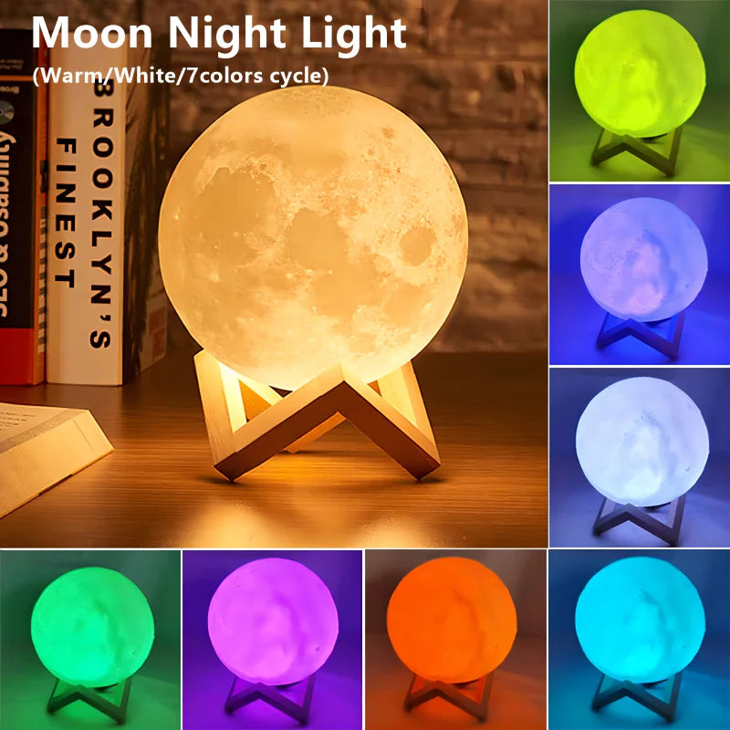 LED moon lamp glowing with warm white light on bedroom nightstand
