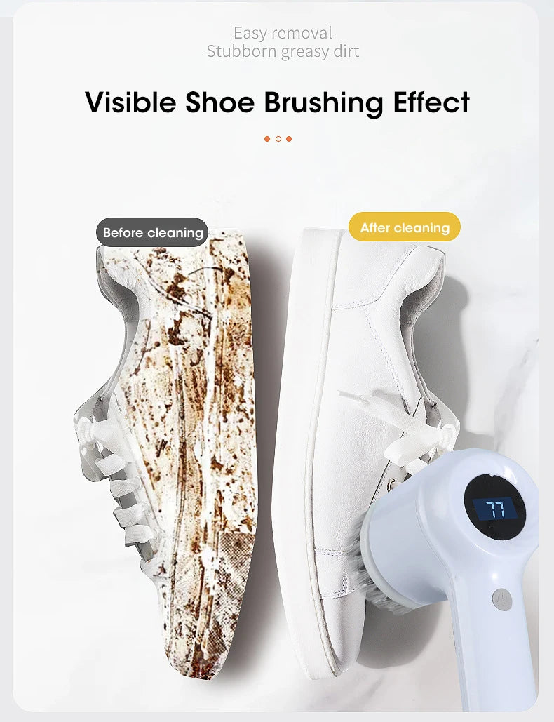 Before and after cleaning comparison of a shoe with a cleaning tool, showing visible dirt removal.