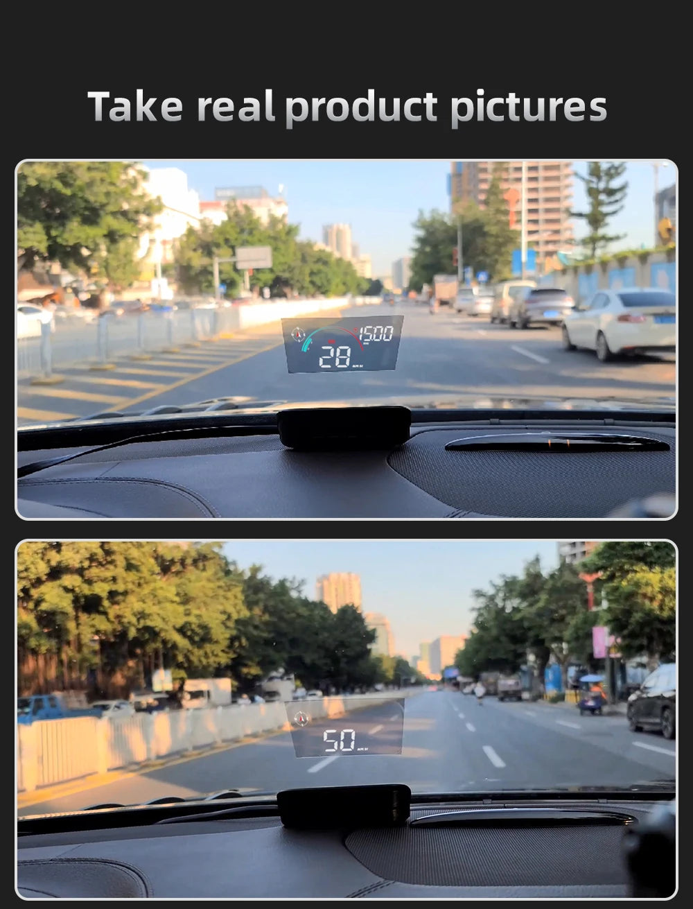 Head-up display showing trip distance and driving time data