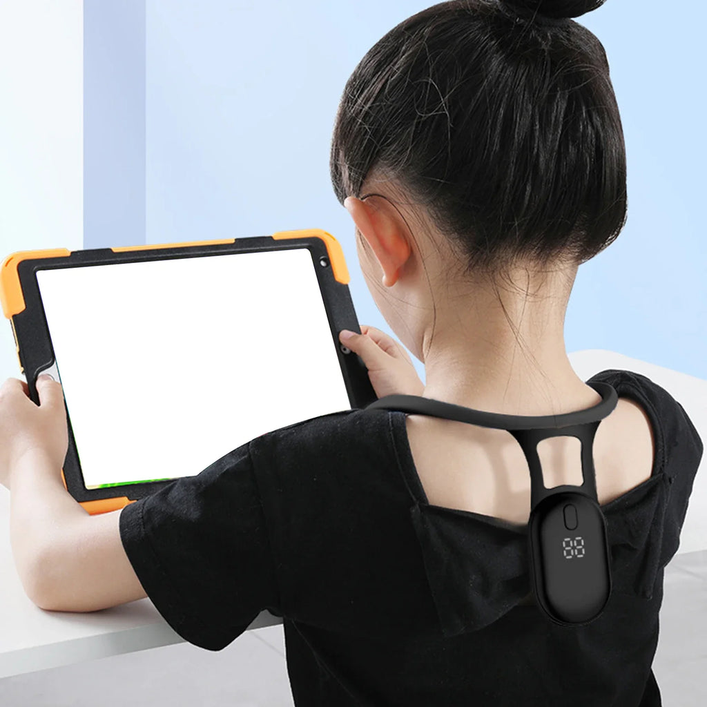 Smart posture corrector product features infographic highlighting vibration reminder technology

